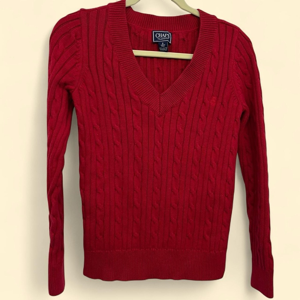 Vintage Chaps Classics Red Cotton Cable Knit V-Neck Sweater